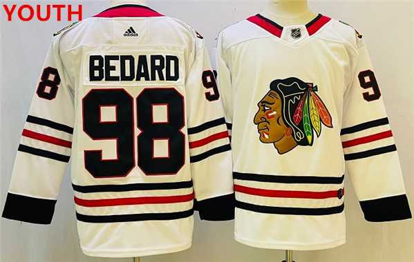 Youth Chicago Blackhawks #98 Connor Bedard White Black Stitched Jersey->nhl youth jerseys->NHL Jersey